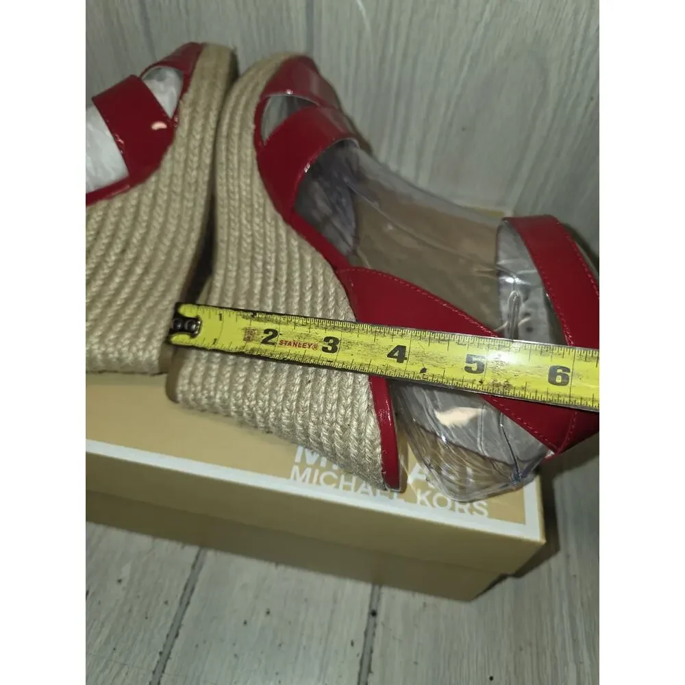 MICHAEL KORS MK Kami Patent Red Criss Cross Gold Logo Espadrille Wedge Size 8M